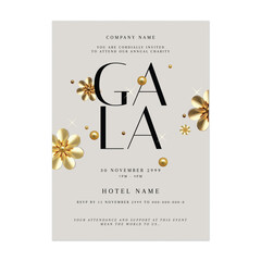 Wall Mural - charity gala dinner invitation template, elegant bold typography and gold flowers on brown