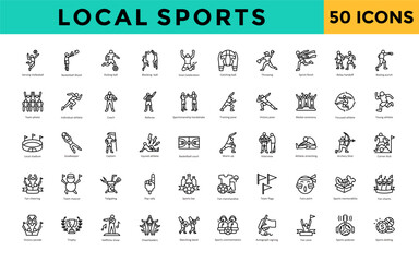 Wall Mural - Local sports icon set with serving volleyball, basketball shoot, kicking ball, blocking ball, goal celebration, catching ball, throwing, sprint finish, relay handoff icon. Simple line vector 
