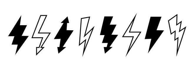 Aufkleber - Lightning bolt set. Black and outline thunder bolt symbol collection. Flash thunderbolt elements for poster, banner, graphic design. Strike arrow signs bundle. Vector pack