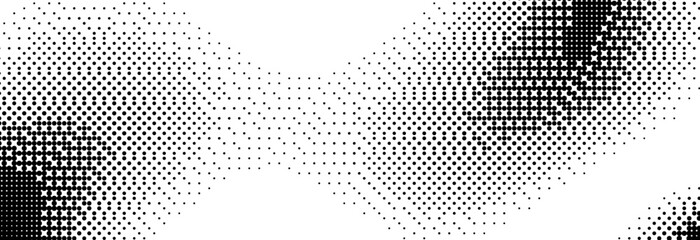 Poster - Pixelated bitmap gradient texture. Black dither wavy background. 8 bit video game screen wallpaper. Retro glitch pixel art backdrop. Abstract curve dithering border overlay. Vector