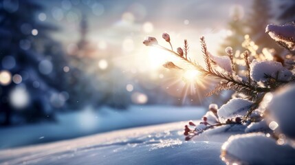 Wall Mural - A snow covered tree branch with a sun shining on it