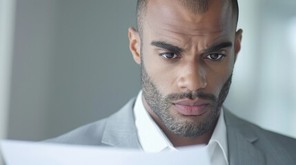 Wall Mural - A man with a beard and a white shirt is looking at a piece of paper