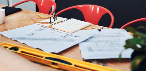 Poster - planning, design and architecture in workshop with blueprint, drawing and measurement for building. 