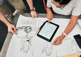 Poster - Man, woman and tablet with screen for architecture with review, point and floor plan for property in office. People, partner and notes for blueprint, feedback and check with planning for construction