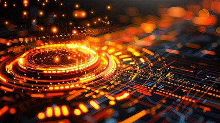 Futuristic digital technology interface with glowing orange lights and circuits resembling a sci-fi virtual data network.