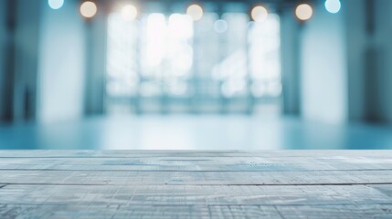 Poster - Wooden Tabletop with Blurred Background of Modern Interior Dance Studio