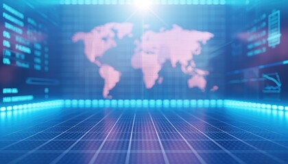 Poster - Global Network Data Visualization with World Map and Blue Lights.