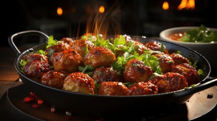 Canvas Print - meatballs with melted tomato sauce on a bowl with a black and blur background