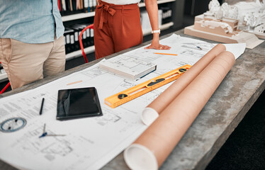 Poster - architecture, teamwork and hands with blueprint in office for creativity, project and planning on pa