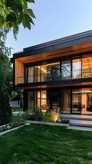 Poster - Modern House with Large Windows and a Green Lawn