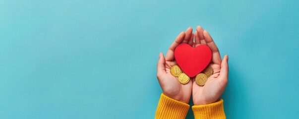 Charitable donations for tax savings, hands holding heart and coins, flat design illustration