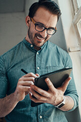 Aufkleber - Tablet, thinking and creative man in office for website, planning and design research. Technology, pen and young engineer in workplace for digital project, development and startup application