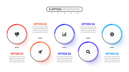 Fototapete - Business Infographic Design with Circle Label, Icon and 5 Option. Suitable for Workflow, Diagram, Chart, Presentation