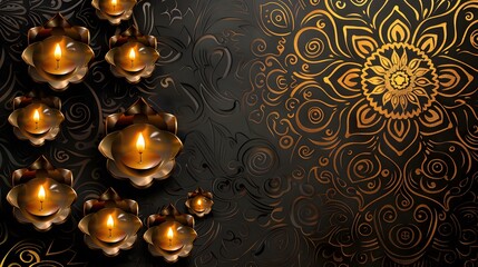 Ornate golden diyas on dark background with intricate golden floral pattern