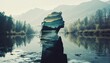 © Thanayut - a person s silhouette merges seamlessly with a serene riverscape, flowing water and reflections blend, creating a double exposure that emphasizes nature s tranquility and human