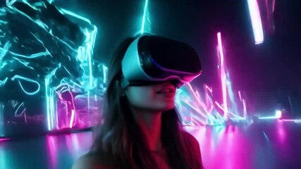 Poster - A woman wearing a virtual reality headset stands in a room with vibrant neon lights.