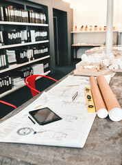 Poster - Paperwork, blueprint and equipment for architecture in office with model, design or property expansion. Documents, tech and workspace for floor plan, draft or rolls in interior at construction agency