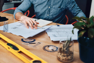 Poster - hands, project and architect in office with blueprint, drawing and measurement for building. person,