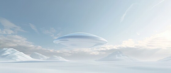 Wall Mural - A large, silver UFO is flying over a snowy landscape