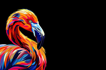 Abstract Portrait of A flamingo in multicolor with black background wallpaper and copy space