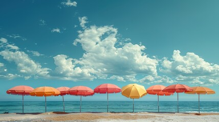 Wall Mural - Colorful Beach Umbrellas Lined Up on a Sandy Shore with a Clear Blue Sky and Fluffy Clouds in the Background