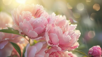 Wall Mural - Beautiful pink peonies covered in dew drops, illuminated by soft sunlight, creating a dreamy and romantic atmosphere.