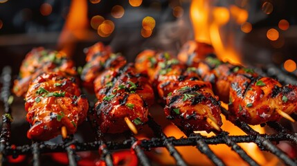 Wall Mural - Delicious grilled chicken skewers with herbs sizzling on a barbecue, with flames and bokeh lights in the background.