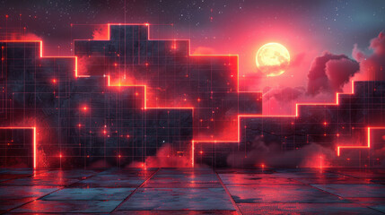 Sticker - A red and black building with a glowing moon in the sky. The building is made up of many small squares, and the moon is surrounded by a cloud. The image has a futuristic and mysterious feel to it