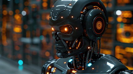 Poster - A robot with a black helmet and orange eyes stands in front of a wall of computers. The robot's face is illuminated by the computer screens, giving it an eerie and futuristic appearance