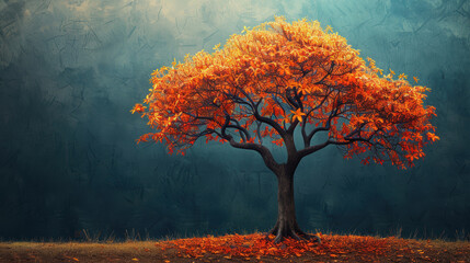 Wall Mural - A tree with orange leaves is the main focus of the image. The tree is surrounded by a field of grass and leaves, creating a serene and peaceful atmosphere. The colors of the tree