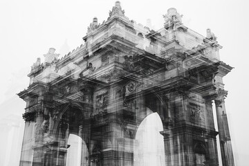 A black and white double exposure of a historical building.