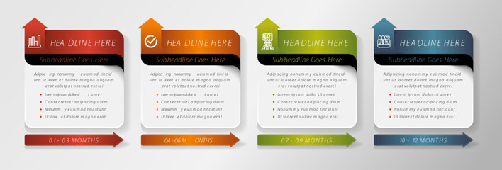 Poster - Presentation business infographic template with 4 options, up arrow for icon place. risk management infographic concept for slide presentation with rectangle arrow on bottom side with 4 point list
