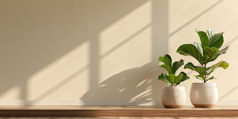 Wall Mural - ceramic pots with fiddle leaf fig plant on wooden table against beige wall background, generative AI