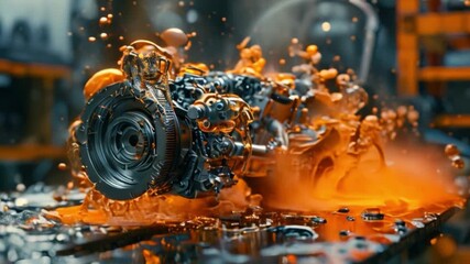 Wall Mural - An immersive visual narrative unfolds as viewers witness a virtual representation of a car engine, intricately depicted in stunning detail, undergoing repair with the application of lubricant oil