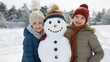 © IYearDesign - A family posing with their freshly made snowman, celebrating midwinter joyfully in the crisp, cold air of deep winter