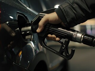 A person hand pumping gasoline fuel or fueling car at gas station. Fuel station service fill energy