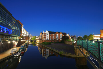 Poster - Downtown of Birmingham city center. Water canal at dawn