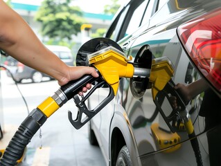 A person hand pumping gasoline fuel or fueling car at gas station. Fuel station service fill energy