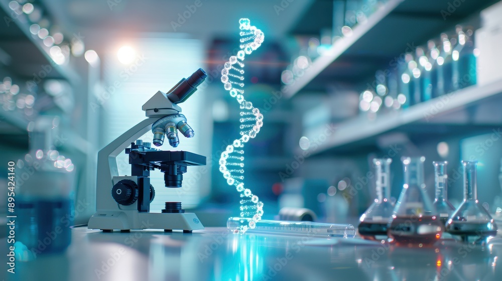 Science Lab Strands A modern laboratory setup with a focus on a digital DNA strand and a ...