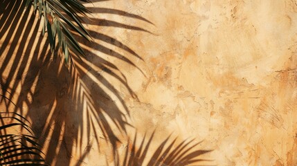 Sticker - Brown textured wall with plant shadow. Tropical summer travel beach concept. Flat lay palm.