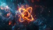 © MAY - A digitally illustrated atom with electrons orbiting a nucleus, set against a dark, starry background, showcasing the fundamental building blocks of matter.