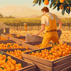 Orange harvest illustration: two men pick ripe oranges in a sunlit orchard, warm colors, warm color palette