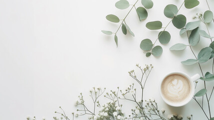 Wall Mural - Cup of tea surrounded by eucalyptus leaves on a white background.