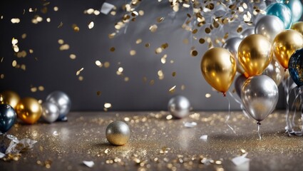 Poster - Confetti Celebration:  Metallic Balloons and Sparkling Confetti Create a Festive Atmosphere