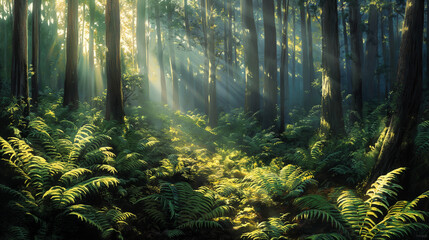 Wall Mural - Sunlight filtering through dense ferns in a lush green forest.