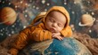 © Pattypatt - Newborn dressed as a tiny astronaut, sleeping on a planet prop with a space-themed background.