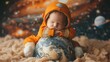 © Pattypatt - Newborn dressed as a tiny astronaut, sleeping on a planet prop with a space-themed background.