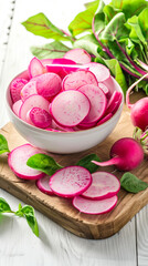 Sticker - Radish slices filled in bowl placed on chopping board, fresh radishes outside, top angle