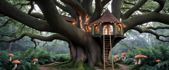 A whimsical treehouse nestled in a giant tree, surrounded by vibrant greenery and charming mushrooms, evoking a magical fantasy atmosphere