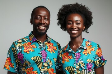 Couple beaming with joy, wearing colorful shirts, plain background, photorealistic